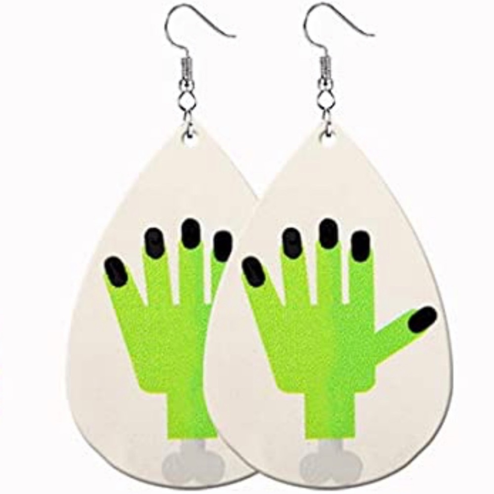 HALLOWEEN GREEN MONSTER HAND FAUX LEATHER TEAR DROP EARRINGS